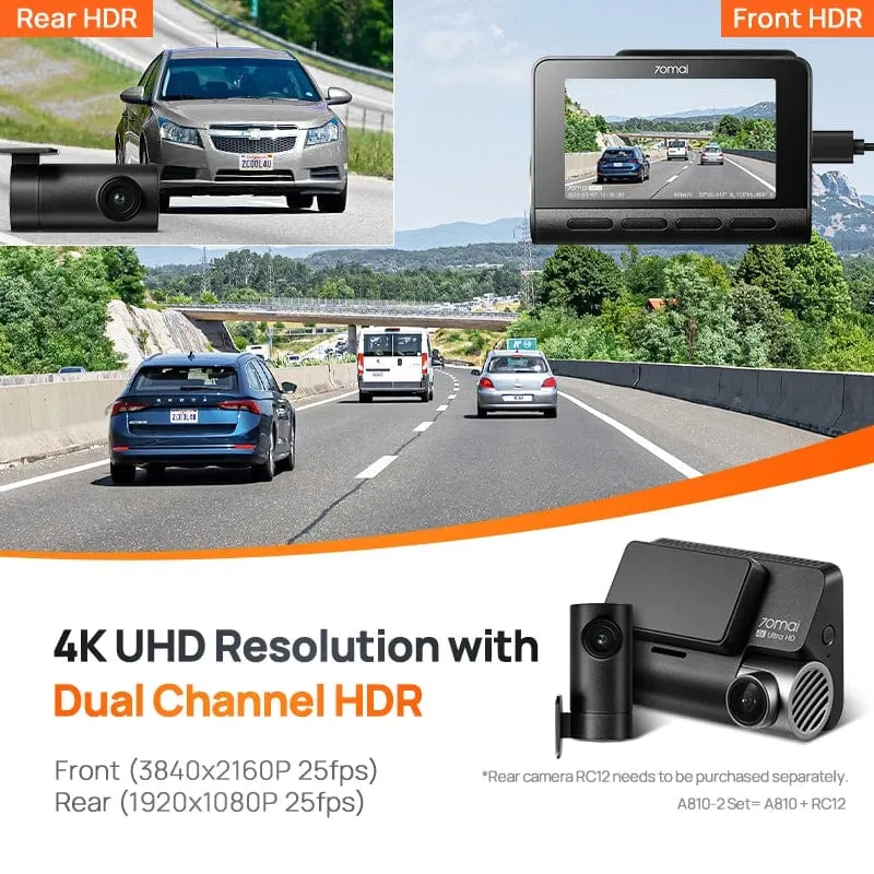 70mai 4K Dash Cam A810 Ultra HD Eingebautes GPS ADAS Automatische Aufzeichnung 150FOV Bewegungserkennung 70mai A810 4G Auto-DVR-Unterstützung Rückfahrkamera
