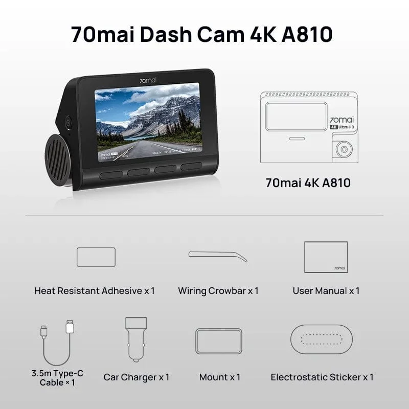 70mai 4K Dash Cam A810 Ultra HD Eingebautes GPS ADAS Automatische Aufzeichnung 150FOV Bewegungserkennung 70mai A810 4G Auto-DVR-Unterstützung Rückfahrkamera