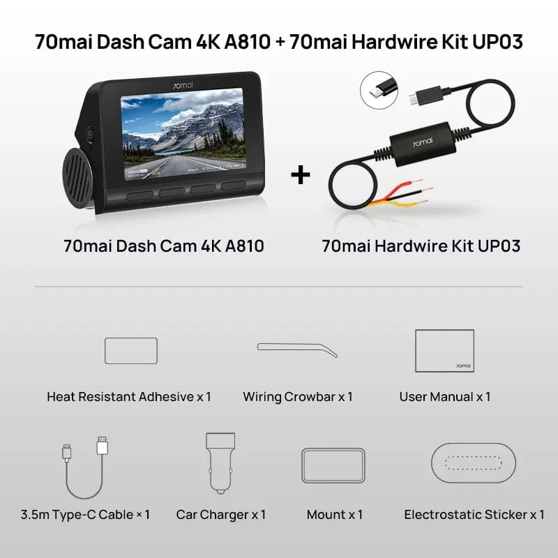 70mai 4K Dash Cam A810 Ultra HD Eingebautes GPS ADAS Automatische Aufzeichnung 150FOV Bewegungserkennung 70mai A810 4G Auto-DVR-Unterstützung Rückfahrkamera