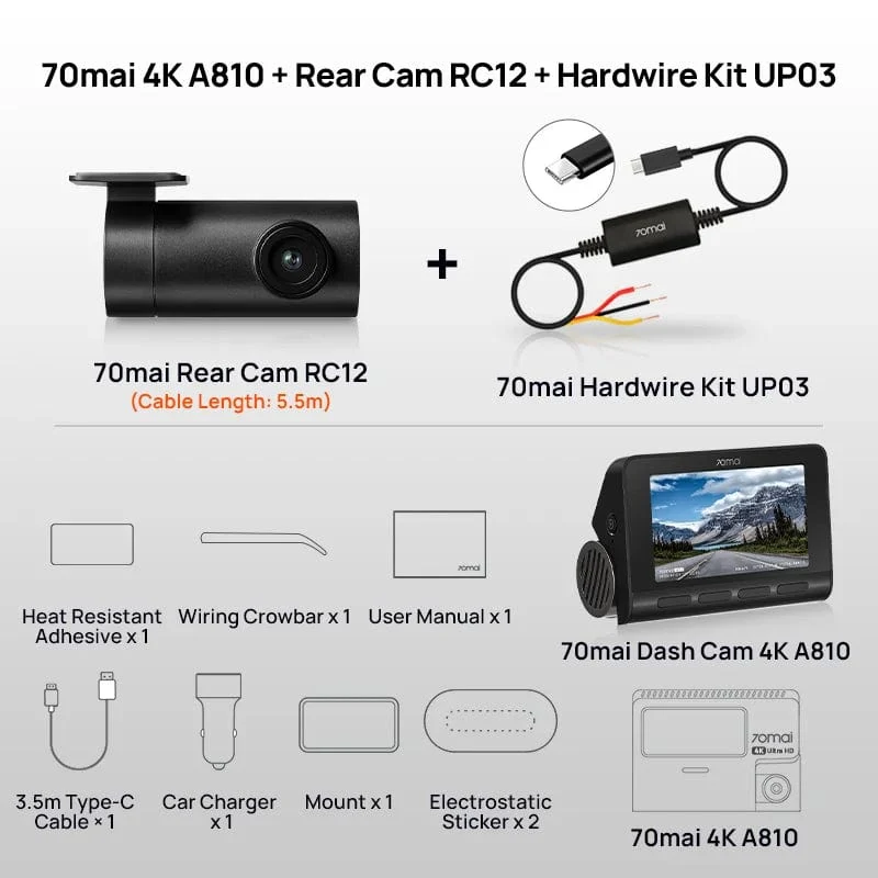 70mai 4K Dash Cam A810 Ultra HD Eingebautes GPS ADAS Automatische Aufzeichnung 150FOV Bewegungserkennung 70mai A810 4G Auto-DVR-Unterstützung Rückfahrkamera