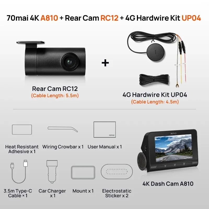 70mai 4K Dash Cam A810 Ultra HD Eingebautes GPS ADAS Automatische Aufzeichnung 150FOV Bewegungserkennung 70mai A810 4G Auto-DVR-Unterstützung Rückfahrkamera
