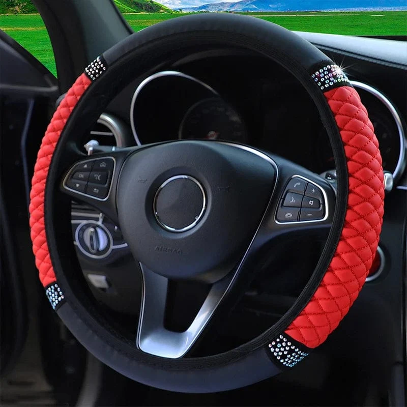 Four Seasons Universal-Lenkradbezug fürs Auto, 37–38 cm, Leder, bestickt, farbig, mit Diamanten besetzt, elastischer Lenkradbezug