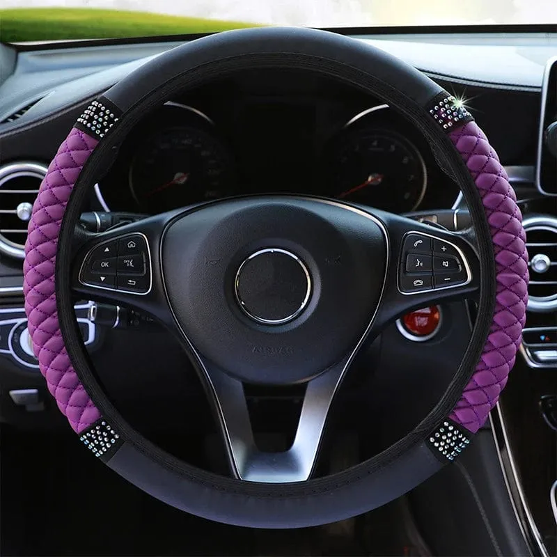 Four Seasons Universal-Lenkradbezug fürs Auto, 37–38 cm, Leder, bestickt, farbig, mit Diamanten besetzt, elastischer Lenkradbezug