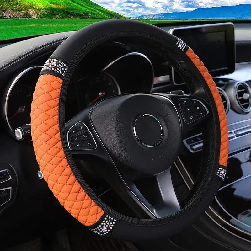 Four Seasons Universal-Lenkradbezug fürs Auto, 37–38 cm, Leder, bestickt, farbig, mit Diamanten besetzt, elastischer Lenkradbezug