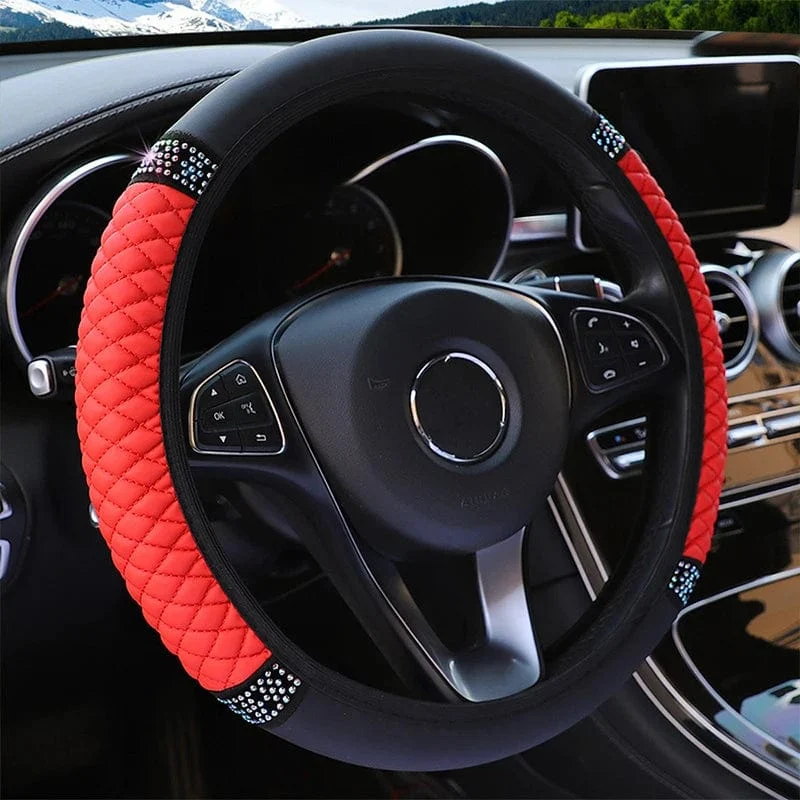 Four Seasons Universal-Lenkradbezug fürs Auto, 37–38 cm, Leder, bestickt, farbig, mit Diamanten besetzt, elastischer Lenkradbezug