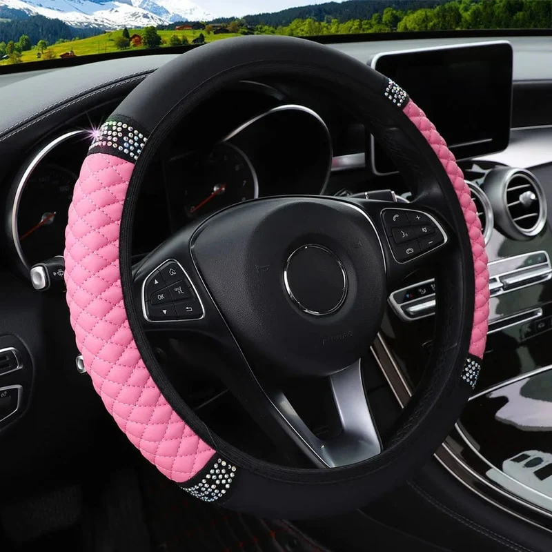 Four Seasons Universal-Lenkradbezug fürs Auto, 37–38 cm, Leder, bestickt, farbig, mit Diamanten besetzt, elastischer Lenkradbezug
