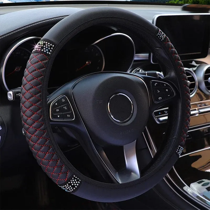 Four Seasons Universal-Lenkradbezug fürs Auto, 37–38 cm, Leder, bestickt, farbig, mit Diamanten besetzt, elastischer Lenkradbezug