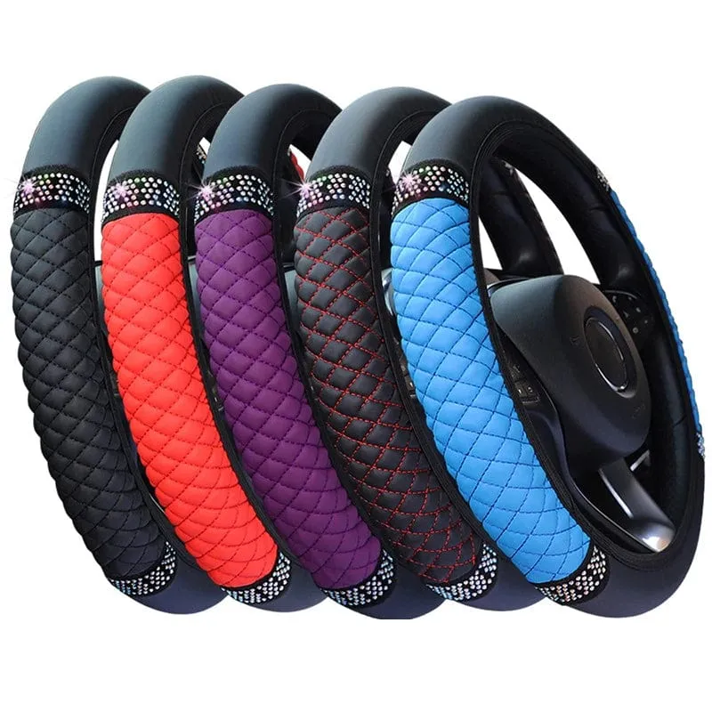Four Seasons Universal-Lenkradbezug fürs Auto, 37–38 cm, Leder, bestickt, farbig, mit Diamanten besetzt, elastischer Lenkradbezug