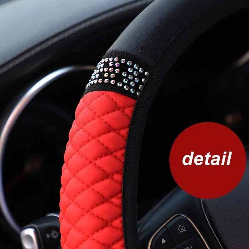 Four Seasons Universal-Lenkradbezug fürs Auto, 37–38 cm, Leder, bestickt, farbig, mit Diamanten besetzt, elastischer Lenkradbezug