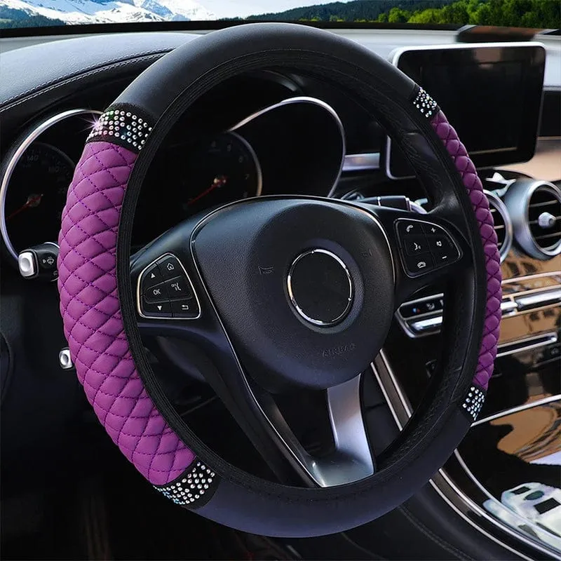 Four Seasons Universal-Lenkradbezug fürs Auto, 37–38 cm, Leder, bestickt, farbig, mit Diamanten besetzt, elastischer Lenkradbezug