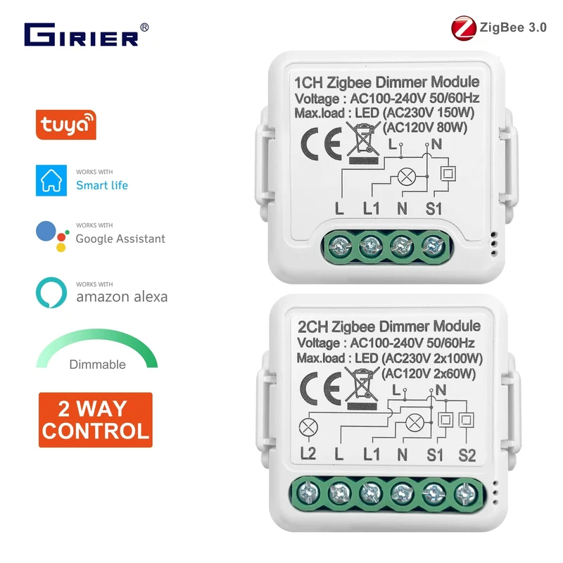 GIRIER Tuya ZigBee 3.0 Smart Dimmerschaltermodul 10 A, unterstützt dimmbaren Schalter mit 2-Wege-Steuerung, funktioniert mit Alexa Alice Google Home