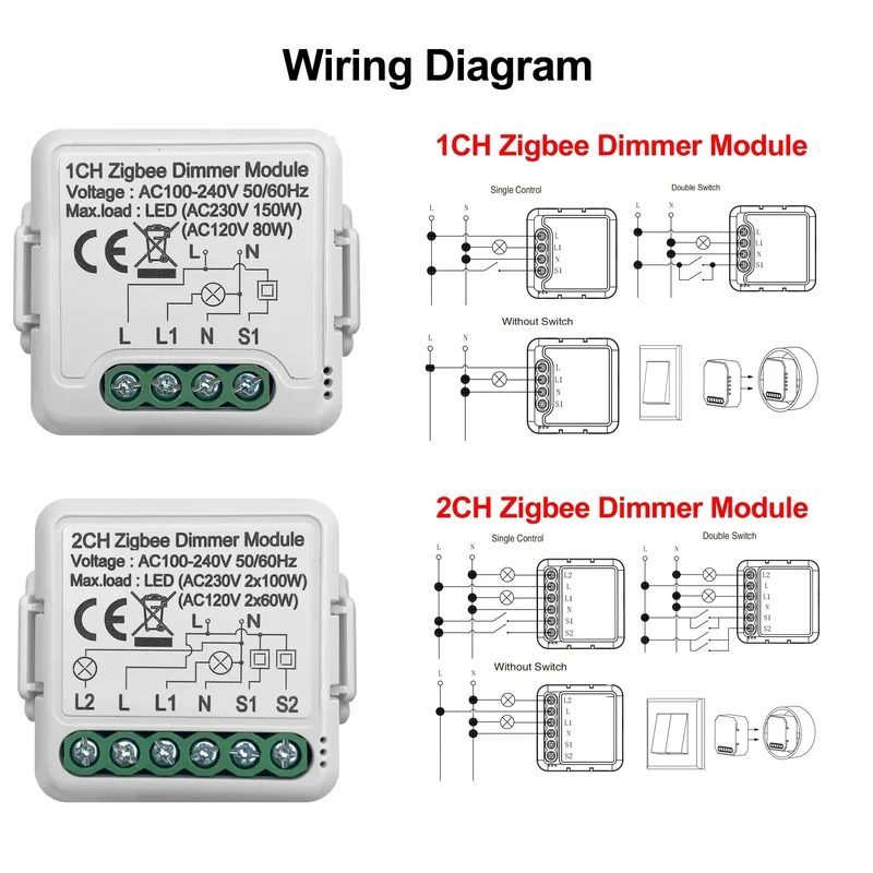 GIRIER Tuya ZigBee 3.0 Smart Dimmerschaltermodul 10 A, unterstützt dimmbaren Schalter mit 2-Wege-Steuerung, funktioniert mit Alexa Alice Google Home