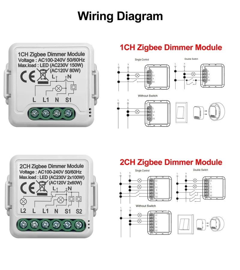 GIRIER Tuya ZigBee 3.0 Smart Dimmerschaltermodul 10 A, unterstützt dimmbaren Schalter mit 2-Wege-Steuerung, funktioniert mit Alexa Alice Google Home