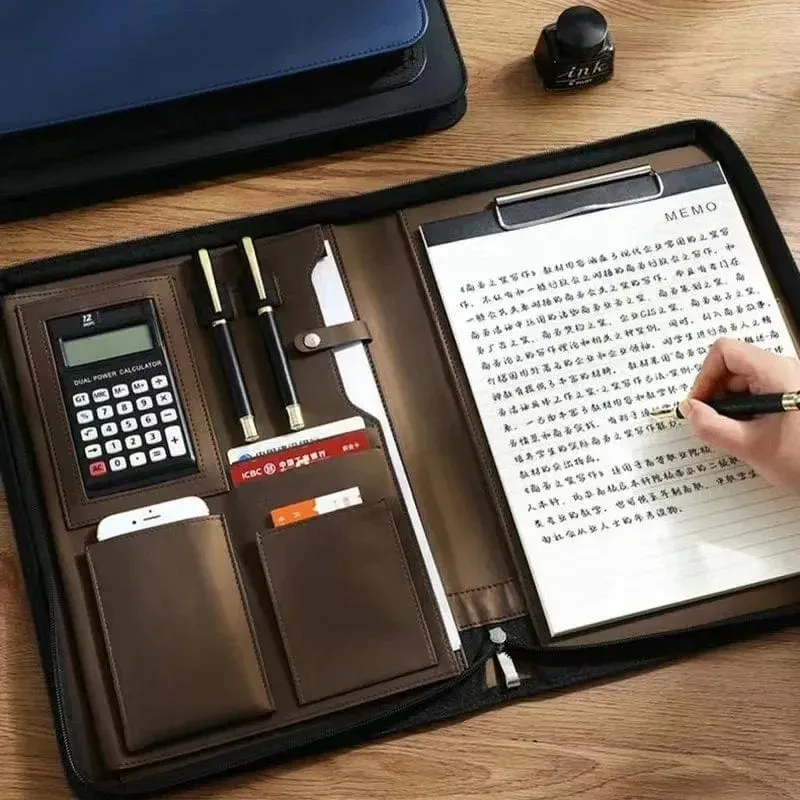 Universität A4 Leder Portfolio Ordner für Dokument Halter Schreibtisch Organizer Mann Executive Aktentasche Reißverschluss Taschenrechner für Büro