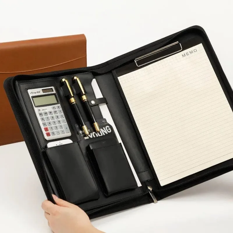 Universität A4 Leder Portfolio Ordner für Dokument Halter Schreibtisch Organizer Mann Executive Aktentasche Reißverschluss Taschenrechner für Büro