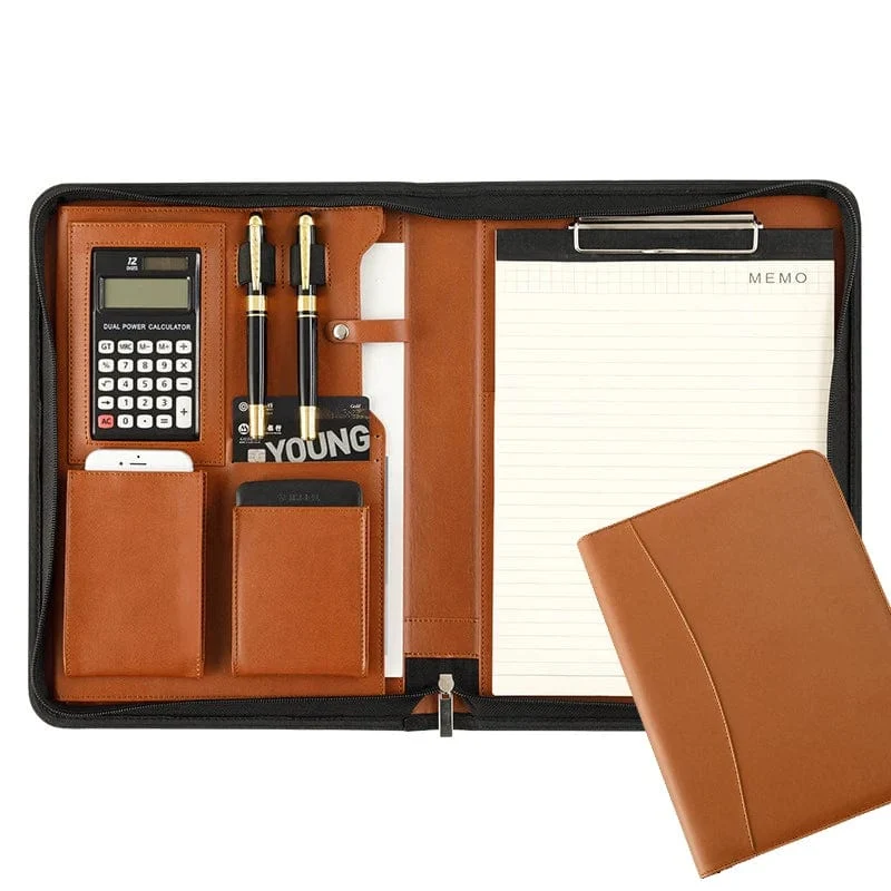 Universität A4 Leder Portfolio Ordner für Dokument Halter Schreibtisch Organizer Mann Executive Aktentasche Reißverschluss Taschenrechner für Büro