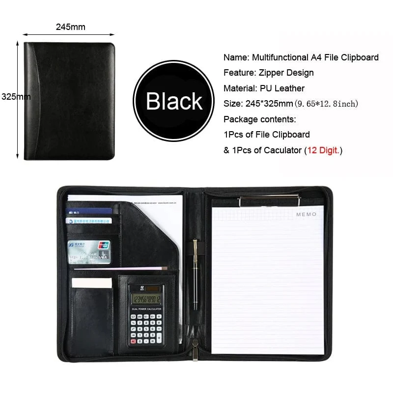 Universität A4 Leder Portfolio Ordner für Dokument Halter Schreibtisch Organizer Mann Executive Aktentasche Reißverschluss Taschenrechner für Büro