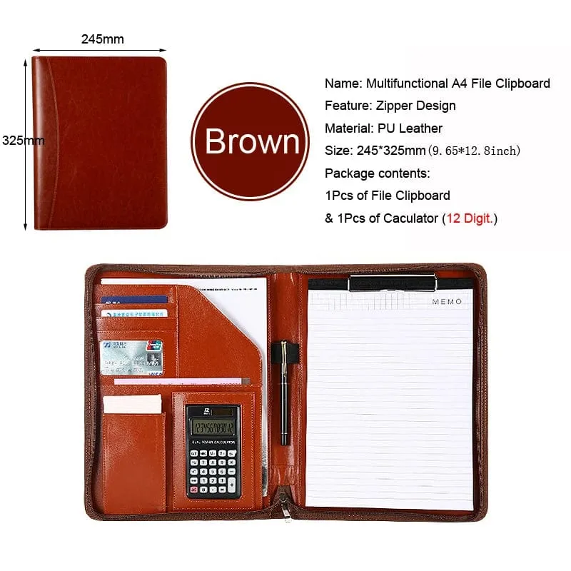 Universität A4 Leder Portfolio Ordner für Dokument Halter Schreibtisch Organizer Mann Executive Aktentasche Reißverschluss Taschenrechner für Büro