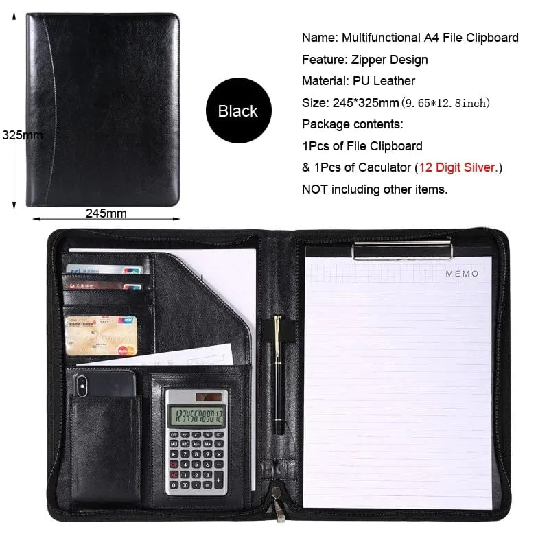 Universität A4 Leder Portfolio Ordner für Dokument Halter Schreibtisch Organizer Mann Executive Aktentasche Reißverschluss Taschenrechner für Büro