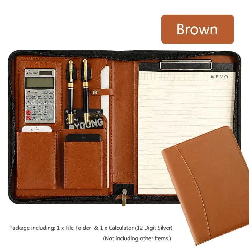 Universität A4 Leder Portfolio Ordner für Dokument Halter Schreibtisch Organizer Mann Executive Aktentasche Reißverschluss Taschenrechner für Büro