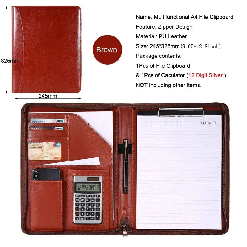 Universität A4 Leder Portfolio Ordner für Dokument Halter Schreibtisch Organizer Mann Executive Aktentasche Reißverschluss Taschenrechner für Büro