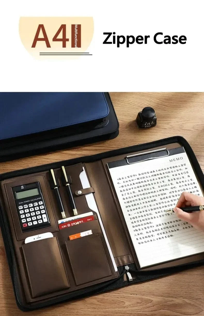 Universität A4 Leder Portfolio Ordner für Dokument Halter Schreibtisch Organizer Mann Executive Aktentasche Reißverschluss Taschenrechner für Büro