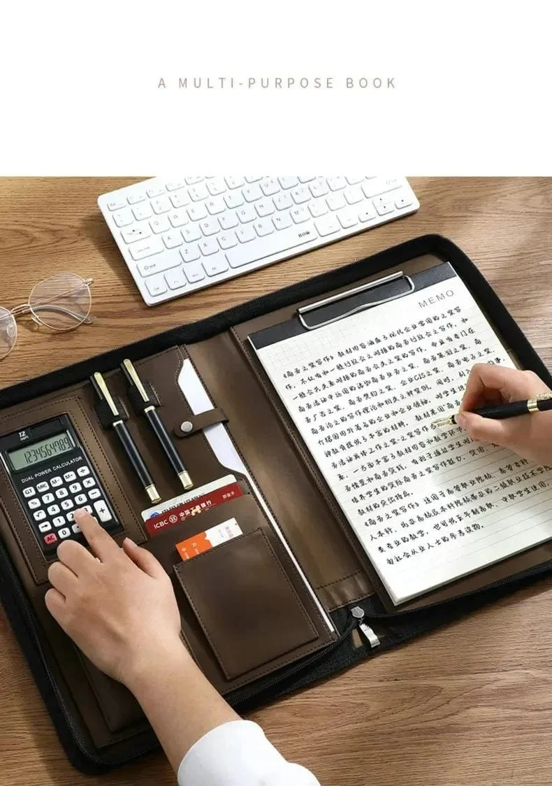 Universität A4 Leder Portfolio Ordner für Dokument Halter Schreibtisch Organizer Mann Executive Aktentasche Reißverschluss Taschenrechner für Büro