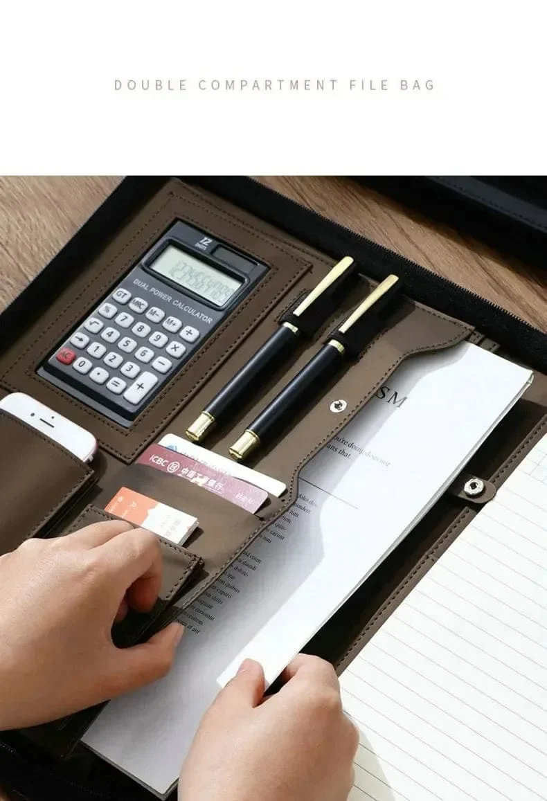 Universität A4 Leder Portfolio Ordner für Dokument Halter Schreibtisch Organizer Mann Executive Aktentasche Reißverschluss Taschenrechner für Büro