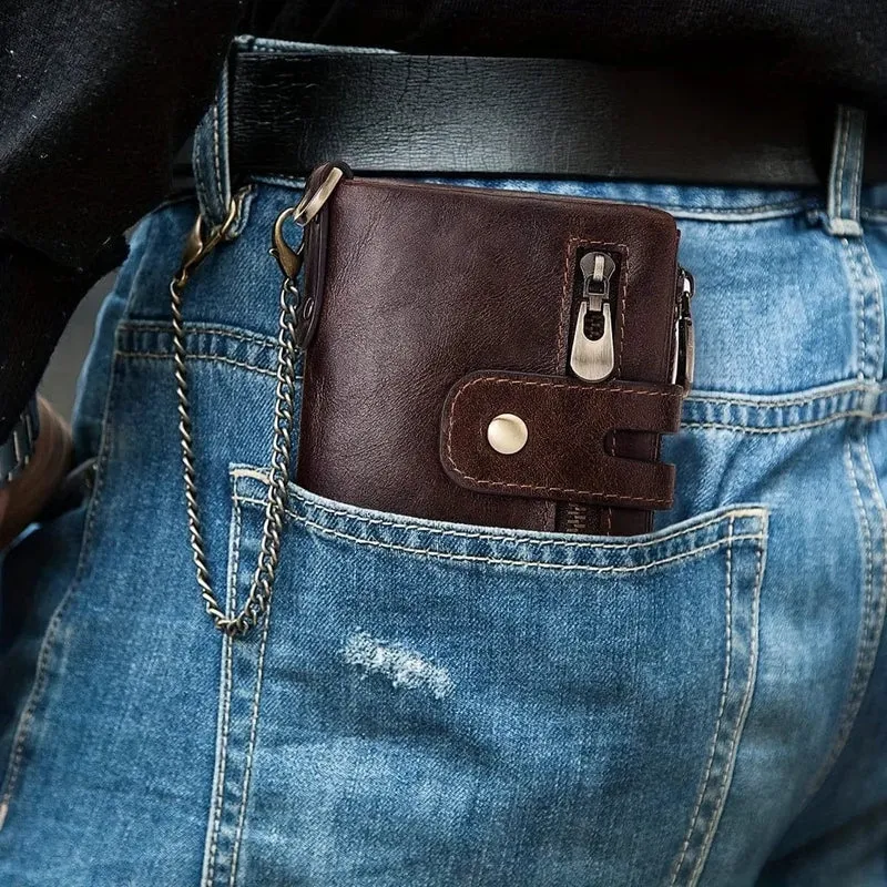 100% echtes Leder RFID Männer Rindsleder Geldbörsen Geldbörse Kleine Mini Karte Halter Kette PORTFOLIO Portomonee Männlichen Brieftasche Tasche