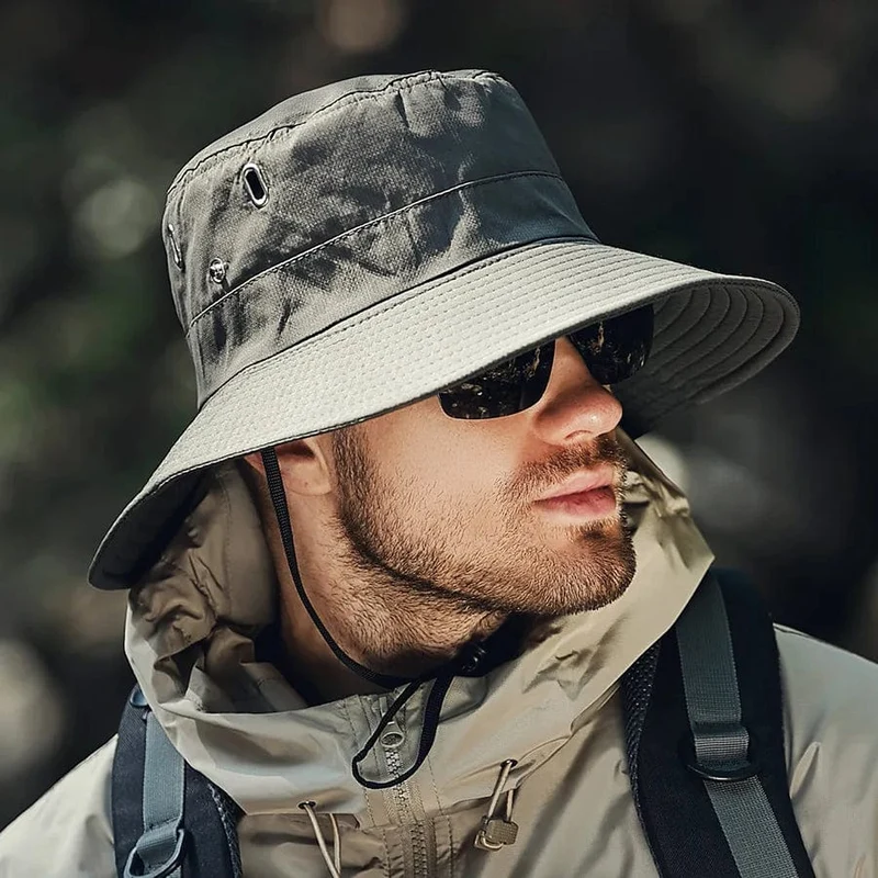 Herren-Sonnenhut mit großem Schirm, zum Reiten, Wandern, Angeln, Outdoor-Fischermütze, modischer Sonnenhut, winddichte Sonnenhüte