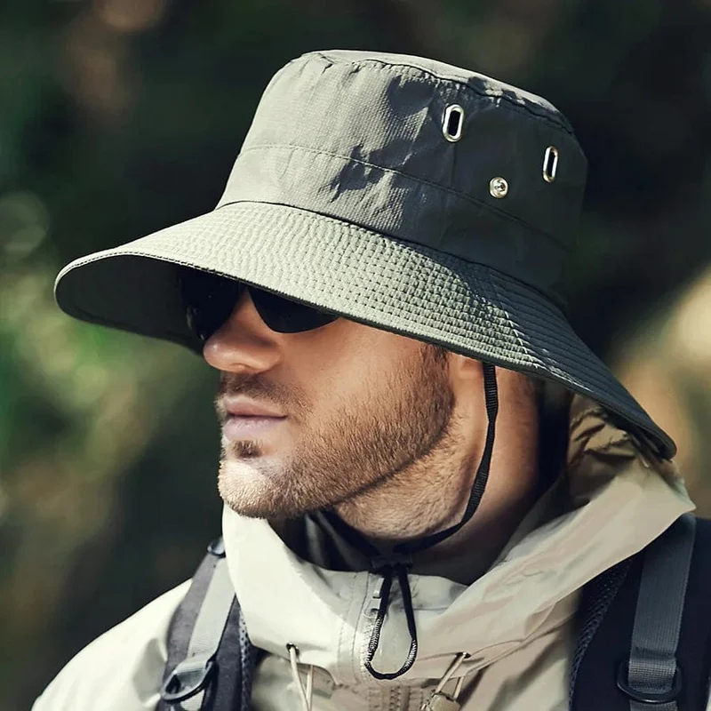 Herren-Sonnenhut mit großem Schirm, zum Reiten, Wandern, Angeln, Outdoor-Fischermütze, modischer Sonnenhut, winddichte Sonnenhüte
