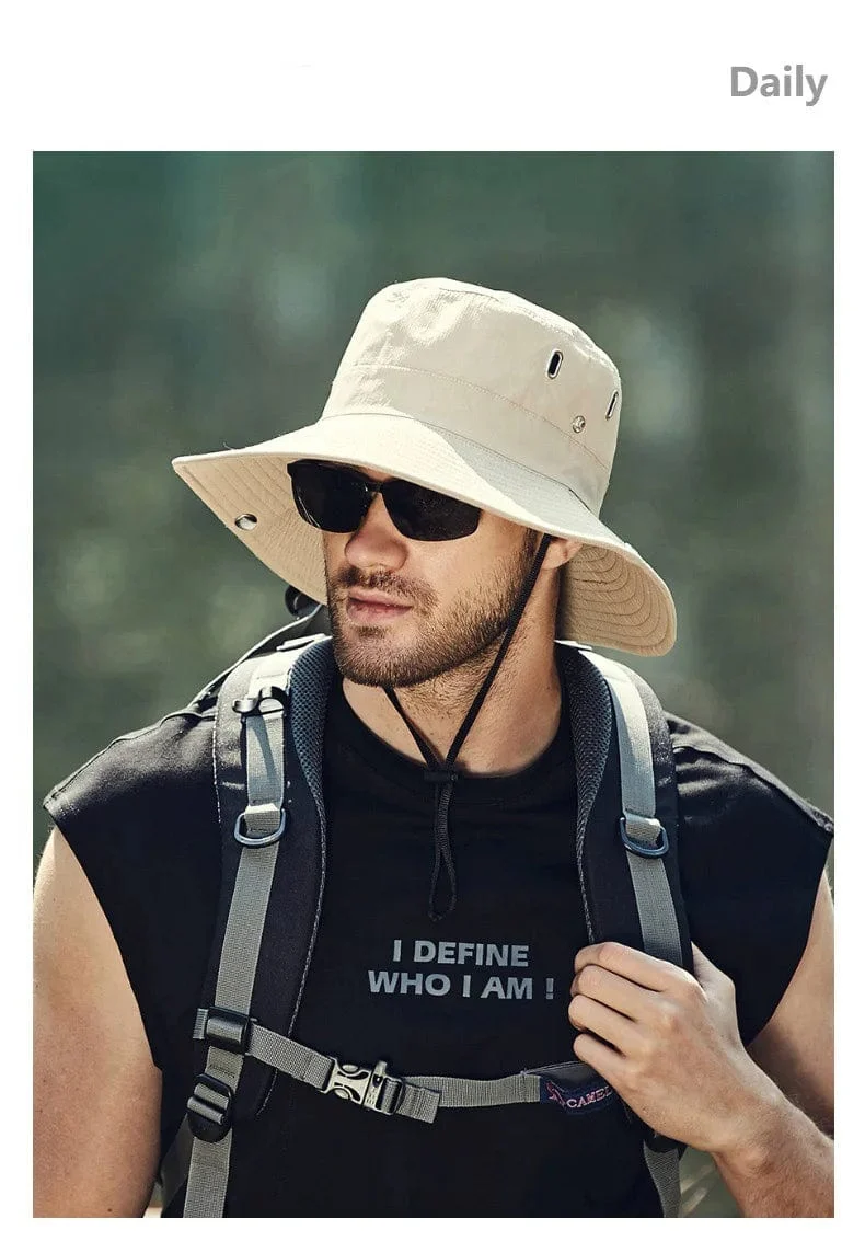 Herren-Sonnenhut mit großem Schirm, zum Reiten, Wandern, Angeln, Outdoor-Fischermütze, modischer Sonnenhut, winddichte Sonnenhüte