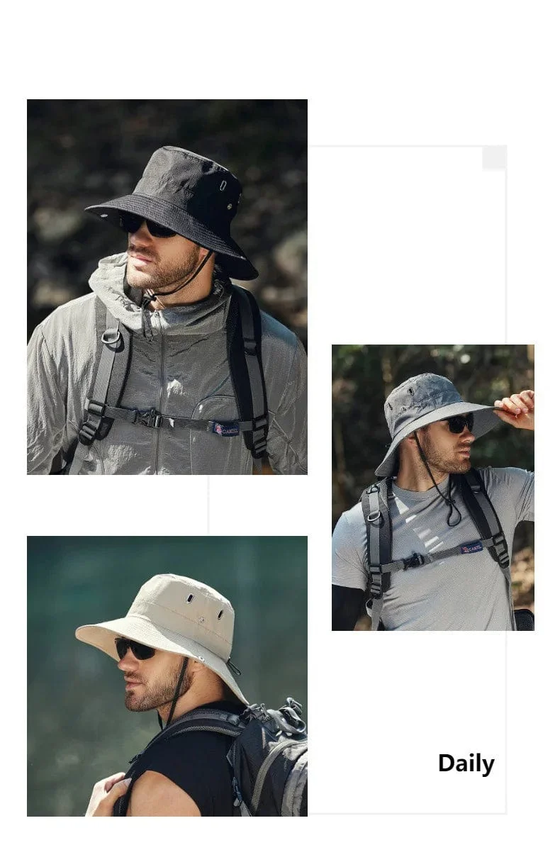 Herren-Sonnenhut mit großem Schirm, zum Reiten, Wandern, Angeln, Outdoor-Fischermütze, modischer Sonnenhut, winddichte Sonnenhüte