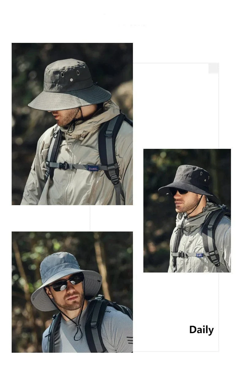 Herren-Sonnenhut mit großem Schirm, zum Reiten, Wandern, Angeln, Outdoor-Fischermütze, modischer Sonnenhut, winddichte Sonnenhüte