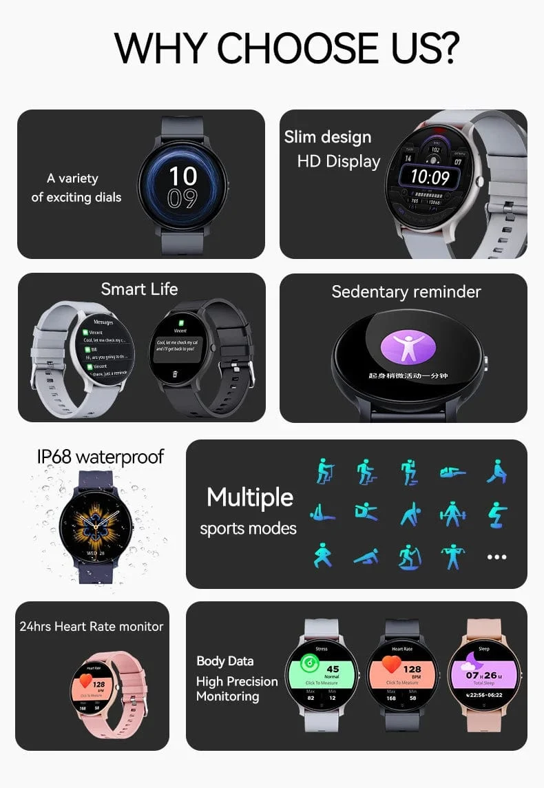 LAXASFIT Smart Watch Voller Touchscreen Sport Fitness Tracker IP68 Wasserdicht Bluetooth Smart Watch Männer Frauen Smart Watch 2024