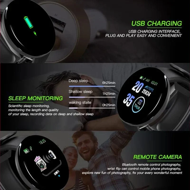 D18 Smart Watch Herren Damen Smartwatch Blutdruck Wasserdichte Digitaluhren Sport Fitness Tracker Uhr für Apple Watch Band