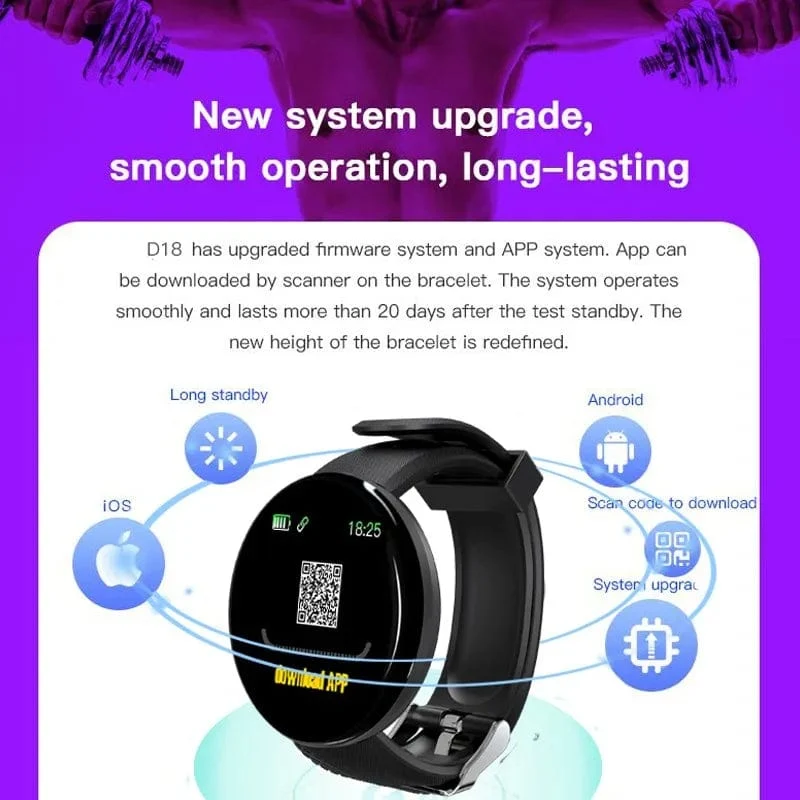 D18 Smart Watch Herren Damen Smartwatch Blutdruck Wasserdichte Digitaluhren Sport Fitness Tracker Uhr für Apple Watch Band