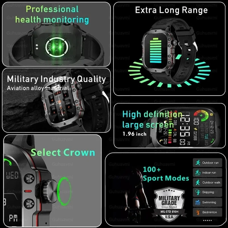 2024 Neu für Xiaomi Militär-Smartwatch für Männer IP68 5ATM Outdoor-Sport-Fitness-Tracker 24-Stunden-Gesundheitsmonitor 1.96 Zoll Smartwatches