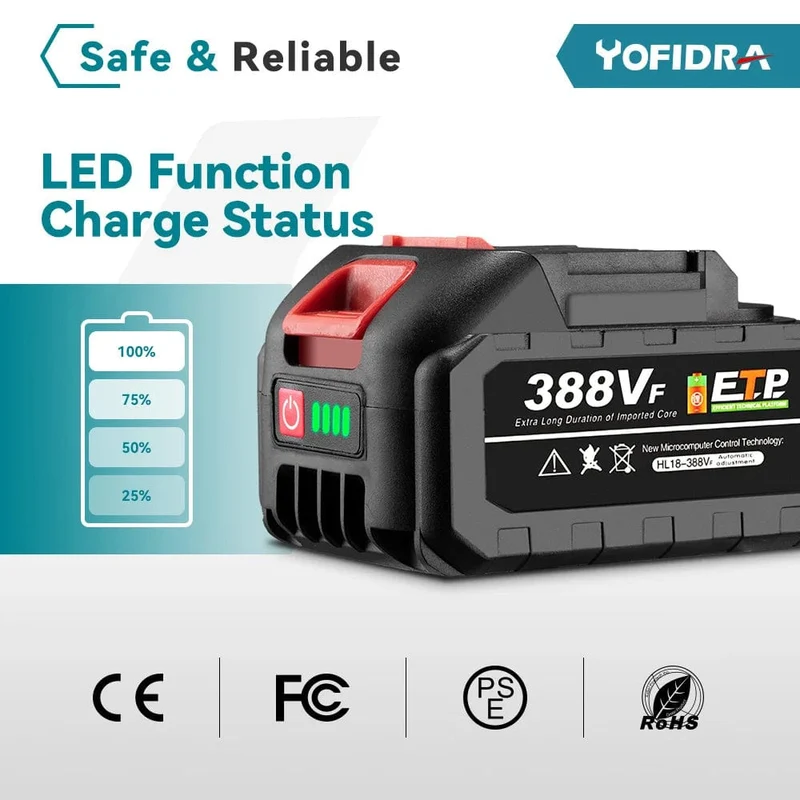 20-V-Lithium-Akku mit EU-Stecker, 388 VF 15000 mAh, 928 VF 22500 mAh, Akku-Kapazitätsanzeige, für elektrische Kettensägen