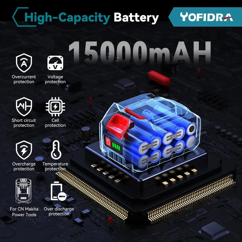 20-V-Lithium-Akku mit EU-Stecker, 388 VF 15000 mAh, 928 VF 22500 mAh, Akku-Kapazitätsanzeige, für elektrische Kettensägen