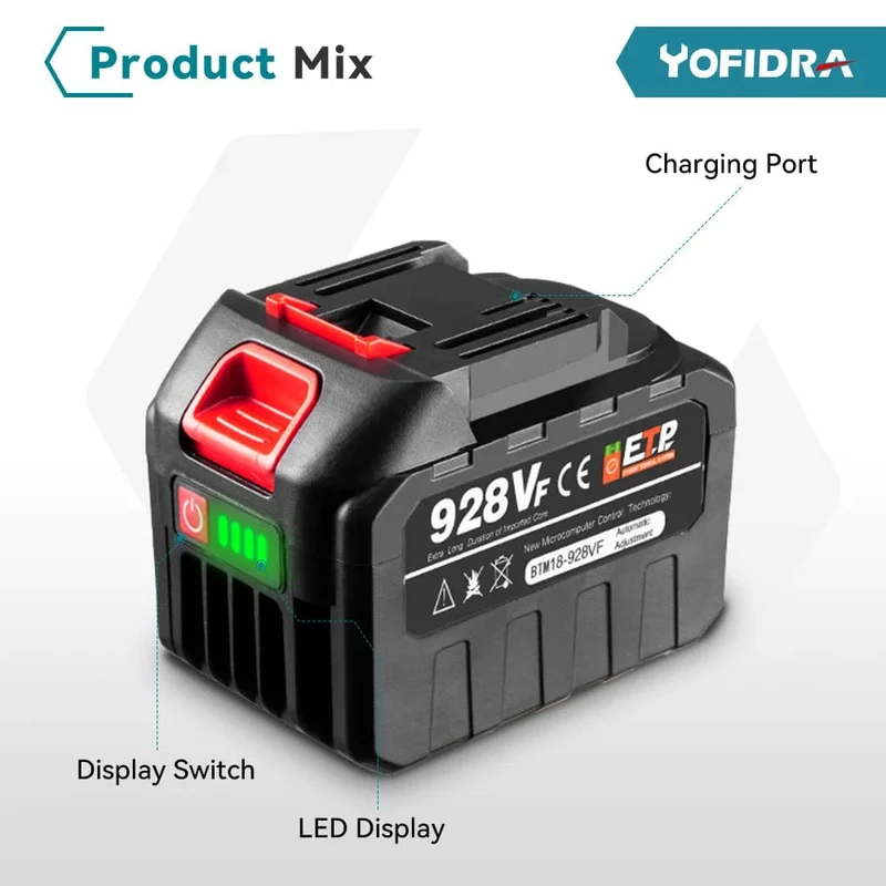 20-V-Lithium-Akku mit EU-Stecker, 388 VF 15000 mAh, 928 VF 22500 mAh, Akku-Kapazitätsanzeige, für elektrische Kettensägen