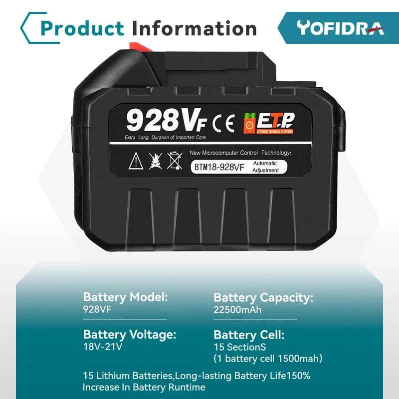 20-V-Lithium-Akku mit EU-Stecker, 388 VF 15000 mAh, 928 VF 22500 mAh, Akku-Kapazitätsanzeige, für elektrische Kettensägen