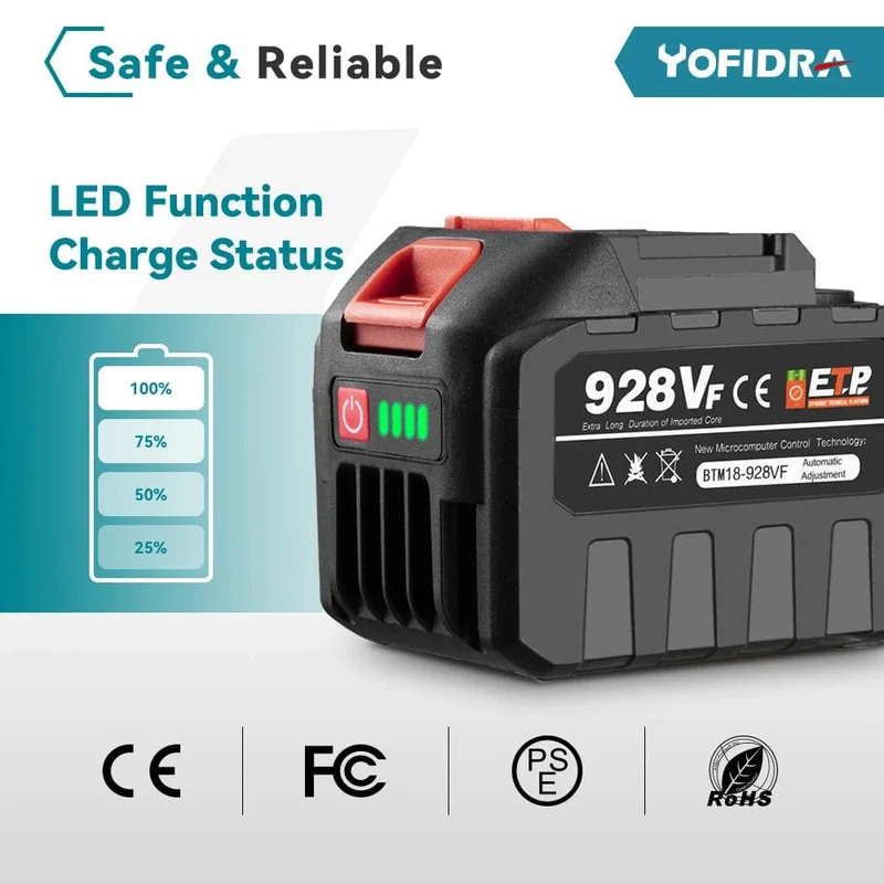20-V-Lithium-Akku mit EU-Stecker, 388 VF 15000 mAh, 928 VF 22500 mAh, Akku-Kapazitätsanzeige, für elektrische Kettensägen