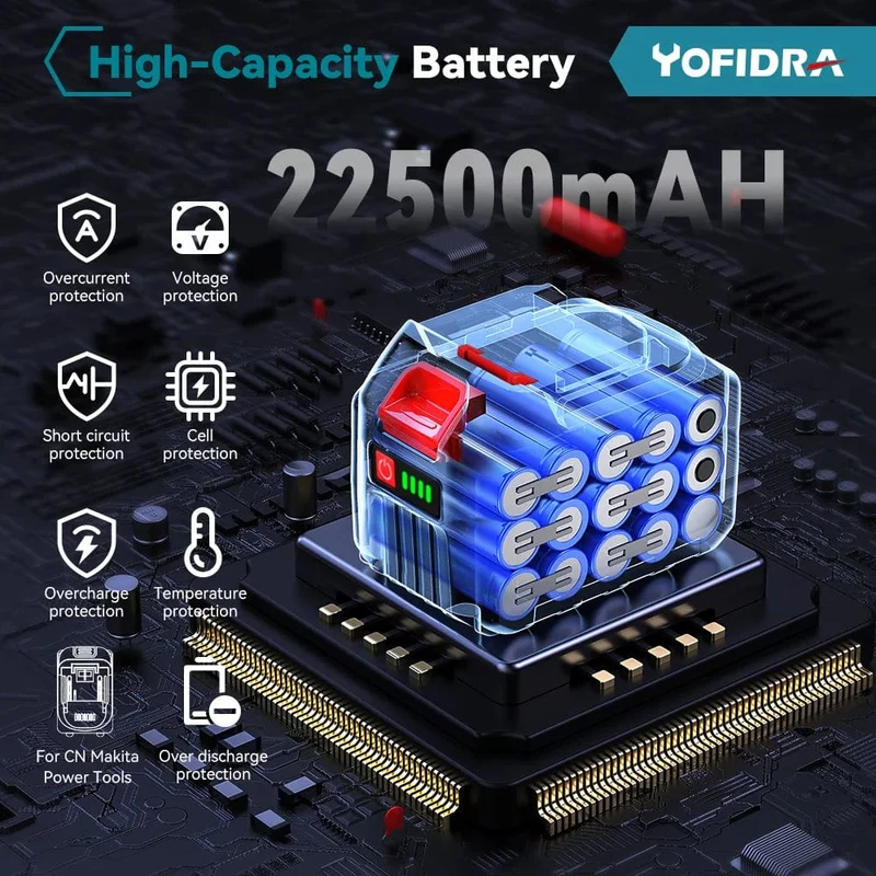 20-V-Lithium-Akku mit EU-Stecker, 388 VF 15000 mAh, 928 VF 22500 mAh, Akku-Kapazitätsanzeige, für elektrische Kettensägen