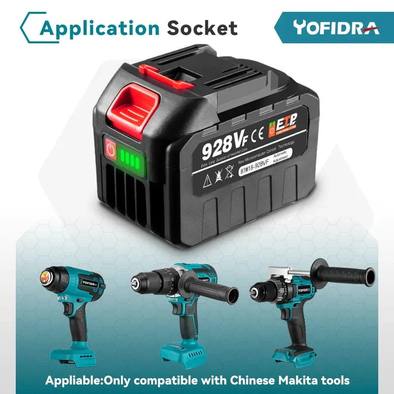 20-V-Lithium-Akku mit EU-Stecker, 388 VF 15000 mAh, 928 VF 22500 mAh, Akku-Kapazitätsanzeige, für elektrische Kettensägen