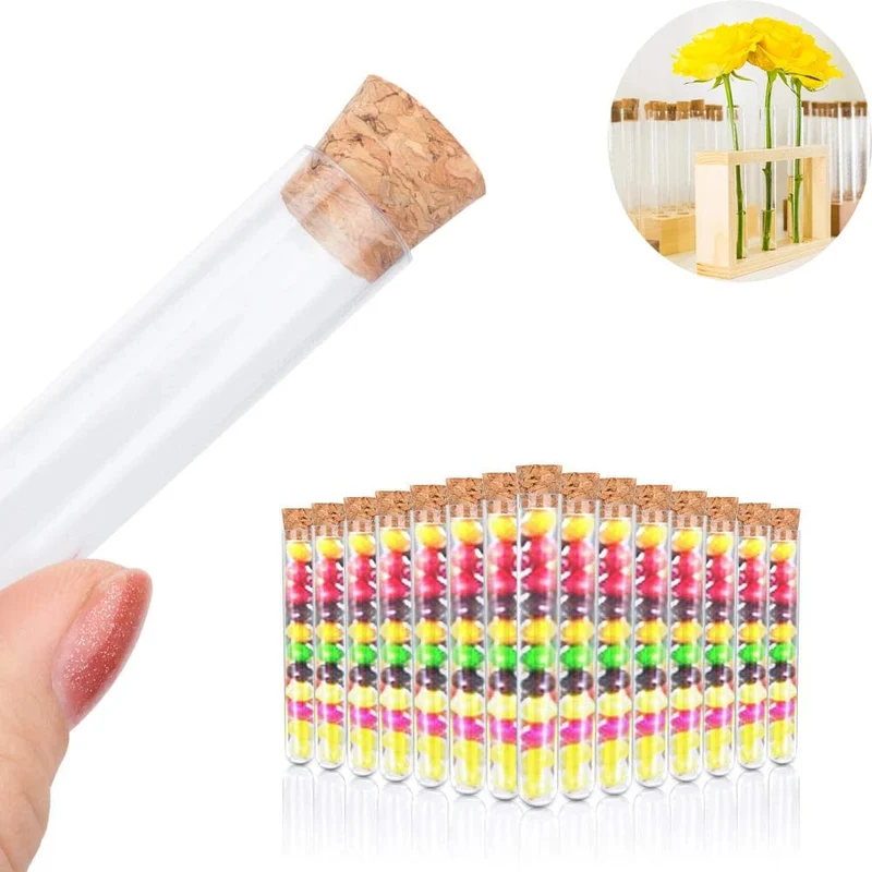 20 Stück 12 x 100 mm transparente Reagenzgläser aus klarem Kunststoff für Labor mit Korkenkappen, Laborbedarf für die Schule, Geschenkröhrchen für Hochzeiten