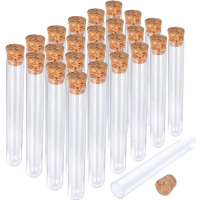 20 Stück 12 x 100 mm transparente Reagenzgläser aus klarem Kunststoff für Labor mit Korkenkappen, Laborbedarf für die Schule, Geschenkröhrchen für Hochzeiten