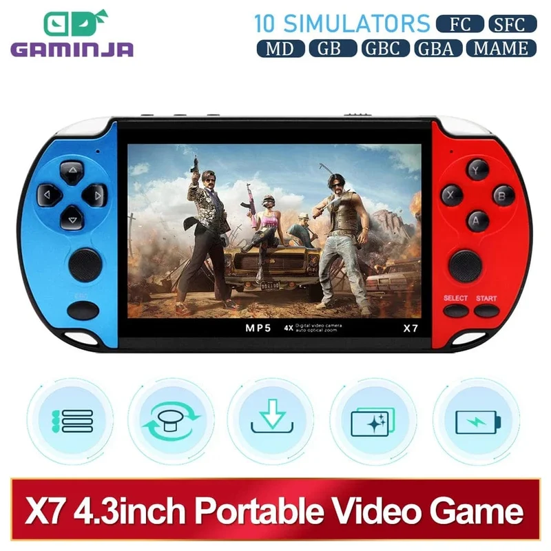 GAMINJA X7 4.3-Zoll-Handheld-Spielkonsole IPS-Bildschirm Video Game Player HD-Spielkonsole Eingebaute 10000 Spiele für GBA GBC NES GBC