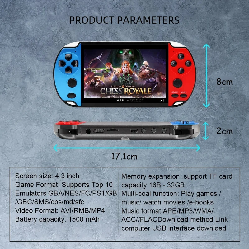 GAMINJA X7 4.3-Zoll-Handheld-Spielkonsole IPS-Bildschirm Video Game Player HD-Spielkonsole Eingebaute 10000 Spiele für GBA GBC NES GBC