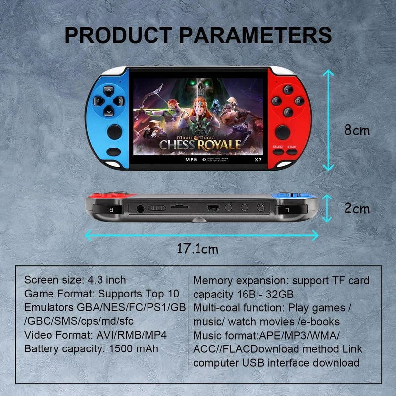 GAMINJA X7 4.3-Zoll-Handheld-Spielkonsole IPS-Bildschirm Video Game Player HD-Spielkonsole Eingebaute 10000 Spiele für GBA GBC NES GBC